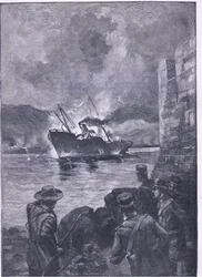 La guerra hispanoamericana: El hundimiento del Merrimac, ilustración de la Historia de Inglaterra de Cassell, 1900s