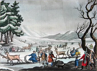 Tungus dejando su campamento de invierno en trineos tirados por renos, c.1820