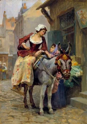 El burrito. Una mujer montando una amazona en un burro, con los pies en una ranura adecuada. Pintura de E. Dameron (siglo XVIII) Colección privada