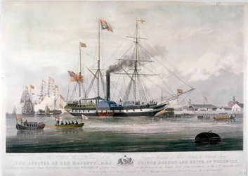 La reina Victoria y el príncipe Alberto llegando al astillero real, Woolwich, Kent, 1843