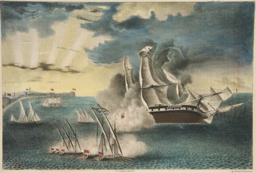 La fragata estadounidense Philadelphia en las rocas frente a Trípoli, de Army and Navy Magazine, pub. 1840