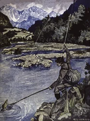 Pescando en un río, c.1900 (ilustración)