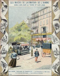 La Canebière en Marsella - el tranvía eléctrico - los coches reclaman - ilustración de E Letellier - Protege cuaderno histórico, finales del siglo XIX