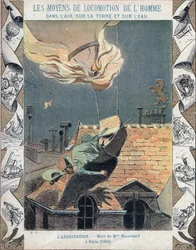 La muerte de Marie Blanchard, esposa del aeronauta Jean Pierre Blanchard, cuando su globo se incendió durante una demostración sobre París, 6 de junio de 1819 - De una funda protectora para libros escolares, finales del siglo XIX - Muerte de Madame Blancha