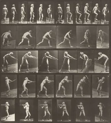 Número de placa 521. A: Caminando. B: Subiendo un escalón. C: Lanzando el disco. D: Usando una pala..., 1887