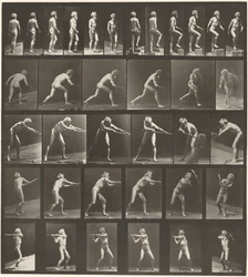 Placa número 521. A: Caminando. B: Subiendo escalón. C: Lanzando disco. D: Usando pala. E, F. Usando pico,1887 (foto)