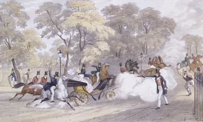 Intento de Edward Oxford de asesinar a la reina Victoria y al príncipe Alberto en Constitution Hill, la noche del miércoles 10 de junio, grabado por J. R. Jobbins