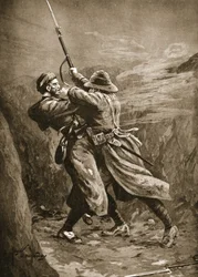 El soldado Lavin luchando con un bombardero turco en una trinchera británica en Suvla Bay, Gallipoli