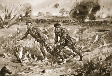 El sargento Gannon asistiendo al ordenanza de un oficial para traer a su maestro herido bajo un fuego muy intenso