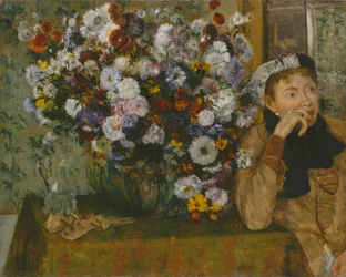 Una mujer sentada junto a un jarrón de flores Madame Paul Valpinçon
