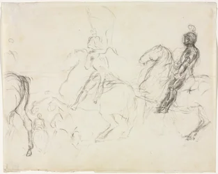 Escena de batalla con figuras armadas a caballo (anverso) Dos mujeres sentadas (reverso)