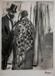 Conversación (Ludovic Halevy y Madame Cardinal). Alrededor de 1876-1877. Monotipo con monturas de tinta negra sobre cartón de soporte secundario por el artista