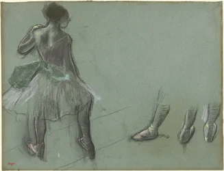 Bailarina vista desde atrás y tres estudios de pies
