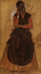Chica mirando a través de los cristales de ópera (óleo sobre tabla)