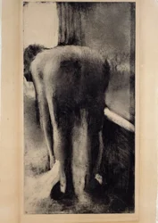 Mujer desnuda remojándose los pies junto a su bañera. Monotipo en tinta negra de Edgar Degas (1834-1917), 1879-1883. 0,45 x 0,23 m, París, Museo del Louvre