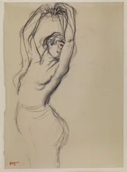 Bailarina desnuda con los brazos levantados