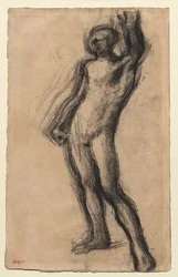 Hombre desnudo de pie, con la mano izquierda levantada, c. 1900