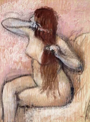 Mujer desnuda sentada arreglándose el cabello, hacia 1887-1890