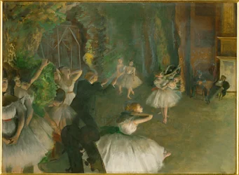 Repetición de un ballet en el escenario (óleo sobre cartón)