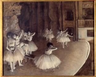 Repetición de un ballet en el escenario. Pintura de Edgar Degas (1834-1917). 1874. Dim. 0,65x0,81 m. París, Museo de Orsay