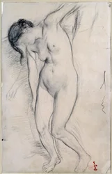 Estudio de mujer desnuda de pie para “escena de guerra en la Edad Media”. Dibujo de Edgar Degas (1834-1917), circa 1863-1865). Dim: 0.35 X 0.22m. París, Museo de Orsay