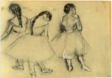Tres bailarinas: carboncillo y pastel sobre papel (hacia 1880) de Edgar Degas (1834-1917) - colección particular - danza, ballet, tutú, zapatillas, ópera - pelo, cabello -