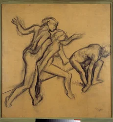 Tres bailarinas desnudas. Dibujo con tiza y carbón de Edgar Degas (1834-1917), hacia 1900. Dimensiones: 0,89 x 0,88 m, París, Museo del Louvre