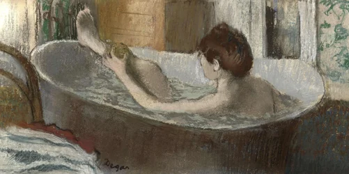 Mujer en su baño, esponjándose la pierna, 1883-1884