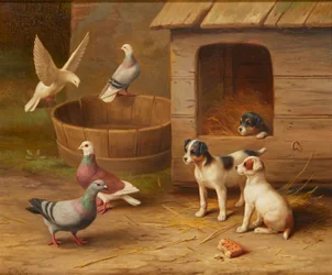 Cachorros y palomas (óleo sobre lienzo)