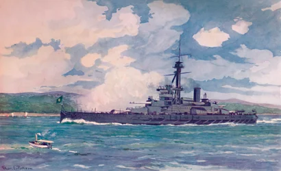 El superacorazado brasileño Minas Geraes acercándose a Río, 1914