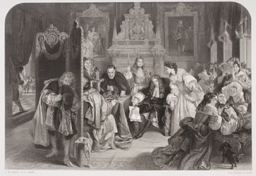 Jacobo II (1633-1701) recibiendo noticias del desembarco del Príncipe de Orange, grabado por F.A. Heath