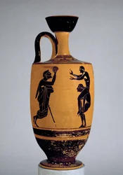 Lekythos de figuras negras áticas decorada con un anciano lanzando una pelota a un joven, c.500 a.C.