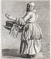 La vendedora de manzanas asadas - Pequeño oficio de París (Estudios tomados del pueblo bajo, o los Gritos de París) - grabado por Edme Bouchardon (1698-1762)
