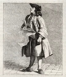 El pregonero de los números ganadores (Lotería) - Pequeño oficio de París (Études prises dans le bas Peuple, ou les Cris de Paris) - grabado por Edme Bouchardon (1698-1762)