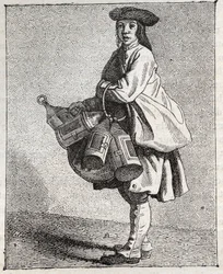 El vendedor de linternas - Pequeño oficio de París (Estudios tomados del pueblo bajo, o los Gritos de París) - grabado por Edme Bouchardon (1698-1762)