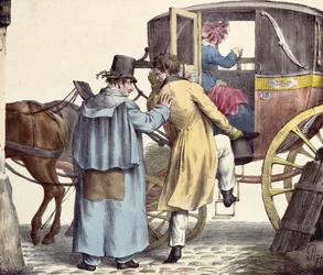 ¿A dónde vamos?... Siempre adelante, caricatura de la serie Moeurs Parisiennes, grabado por Langlume, c.1825