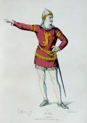 Traje para Don Rodrigue o El Cid en la escena 2 del Acto II de El Cid de Pierre Corneille (1606-1684). Ilustración de Edmond Geffroy (1804-1895) siglo XIX. París, Comédie-Française