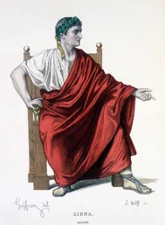 El personaje de Augusto en la tragedia Cinna (o la clemencia de Augusto) - Teatro completo: (Compendio de obras de Corneille) dibujo de Geffroy, grabado por L. Wolff - ed. Laplace, Sanchez y Cie, París 1884