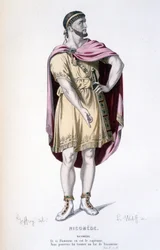 Personaje de Nicomedes en la tragedia Nicomedes - Teatro completo: (Colección de obras de Corneille) dibujo de Geffroy, grabado por L. Wolff - ed. Laplace, Sanchez et Cie, París 1884