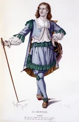 El personaje Dorante en la comedia Le Menteur - Teatro Completo: (Colección de obras de Corneille) dibujo de Geffroy, grabado de L. Wolff - ed. Laplace, Sanchez et Cie, París 1884
