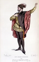 El personaje de Carlos en la comedia Don Sancho de Aragón - Teatro completo: (Colección de obras de Corneille) dibujo de Geffroy, grabado por L. Wolff - ed. Laplace, Sanchez y Cie, París 1884