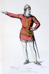 El personaje de Don Rodrigue en la tragi comedia Le Cid - Teatro Completo: (Colección de obras de Corneille) dibujo de Geffroy, grabado de Colin - ed. Laplace, Sanchez et Cie, París 1884