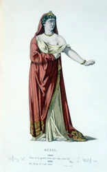 Personaje de Medea en la tragedia Medea - Teatro completo: (Colección de obras de Corneille) dibujo de Geffroy, grabado por L. Wolff - ed. Laplace, Sanchez et Cie, París 1884
