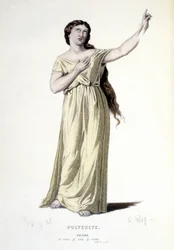 El personaje de Paulina en la tragedia Polyeucte mártir - Teatro completo: (Colección de obras de Corneille) dibujo de Geffroy, grabado por L. Wolff - ed. Laplace, Sanchez et Cie, París 1884
