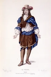 El personaje de Filiste en La viuda o el traidor traicionado - Teatro completo: (Colección de obras de Corneille) dibujo de Geffroy, grabado por L. Wolff - ed. Laplace, Sanchez y Cie, París 1884