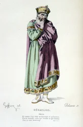 El personaje de Phocas en la tragedia Heraclius - Teatro Completo: (Colección de obras de Corneille) dibujo de Geffroy, grabado de Delanoix - ed. Laplace, Sanchez et Cie, París 1884