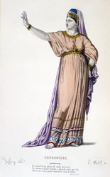 El personaje de Sofonisba en la tragedia Sofonisba - Teatro Completo: (Colección de obras de Corneille) dibujo de Geffroy, grabado por L. Wolff - ed. Laplace, Sanchez y Cie, París 1884
