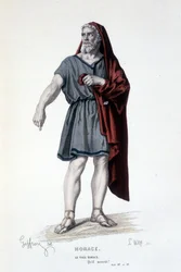 El personaje del viejo Horacio en la tragedia Horacio - Teatro Completo: (Colección de obras de Corneille) dibujo de Geffroy, grabado por L. Wolff - ed. Laplace, Sanchez y Cie, París 1884