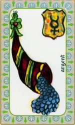tarot del mago Belline dibujado por Edmond Billaudot c. 1845 y entregado al clarividente Belline para su reedición: carta del dinero: monedas en un cuerno de la abundancia