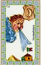 tarot del mago Belline dibujado por Edmond Billaudot c. 1845 y entregado al clarividente Belline para su reedición: carta de la inconstancia: sopla el viento